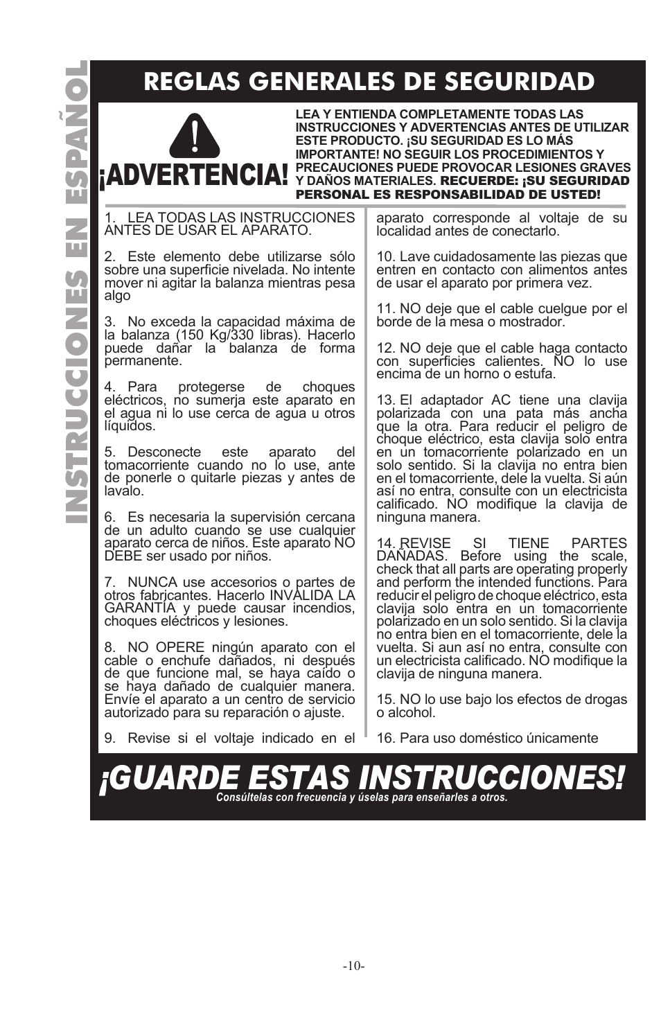 Guarde estas instrucciones, Advertencia, Instrucciones en esp añol | Reglas generales de seguridad | Weston 330 lb Digital Scale User Manual | Page 10 / 24