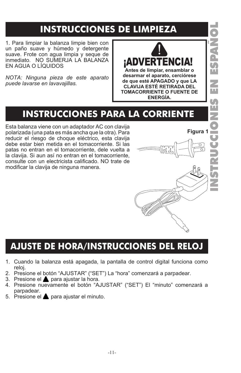 Instrucciones en esp añol, Advertencia, Instrucciones de limpieza | Instrucciones para la corriente, Ajuste de hora/instrucciones del reloj | Weston 330 lb Digital Scale User Manual | Page 11 / 24