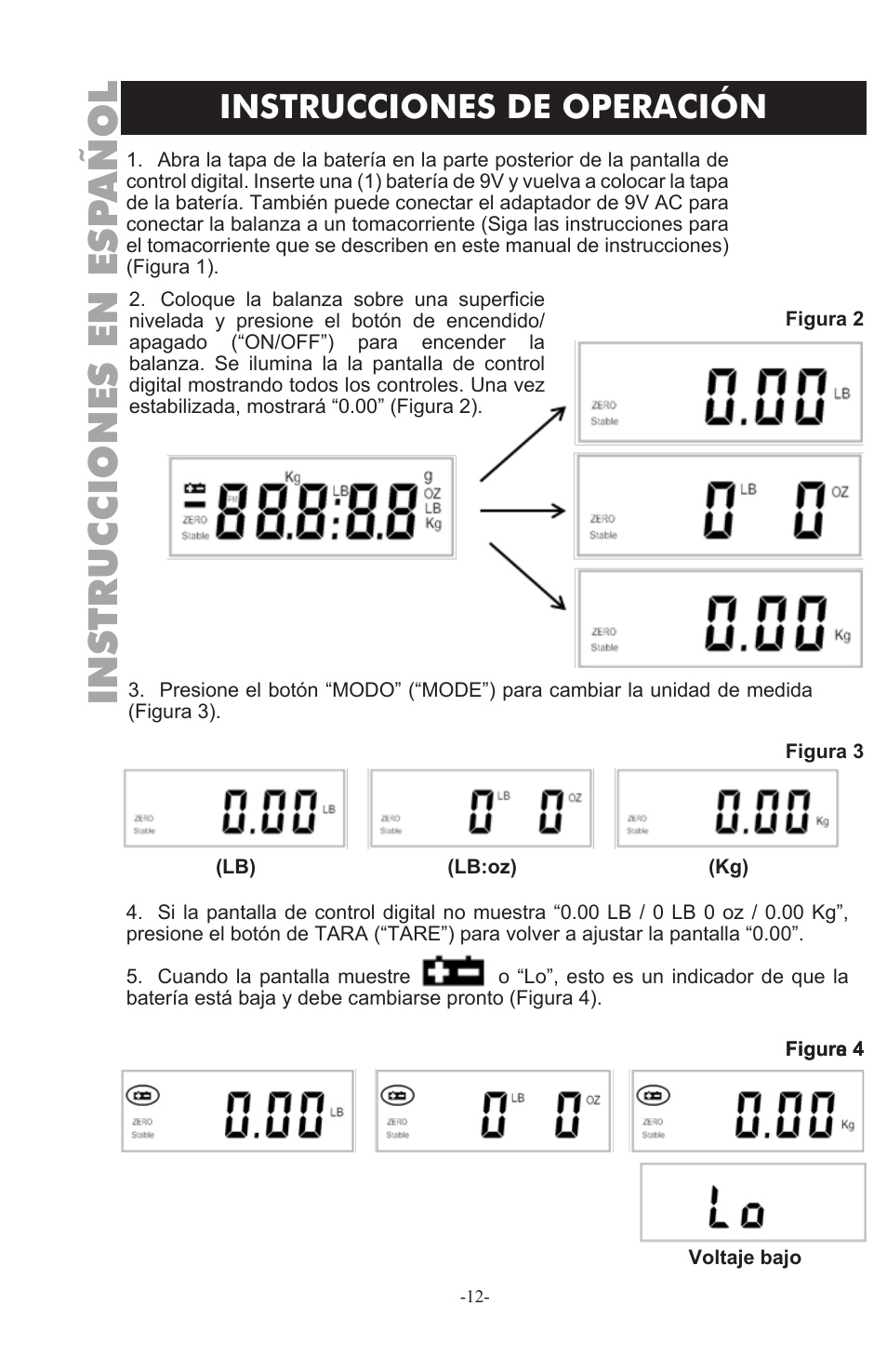 Instrucciones en esp añol, Instrucciones de operación | Weston 330 lb Digital Scale User Manual | Page 12 / 24