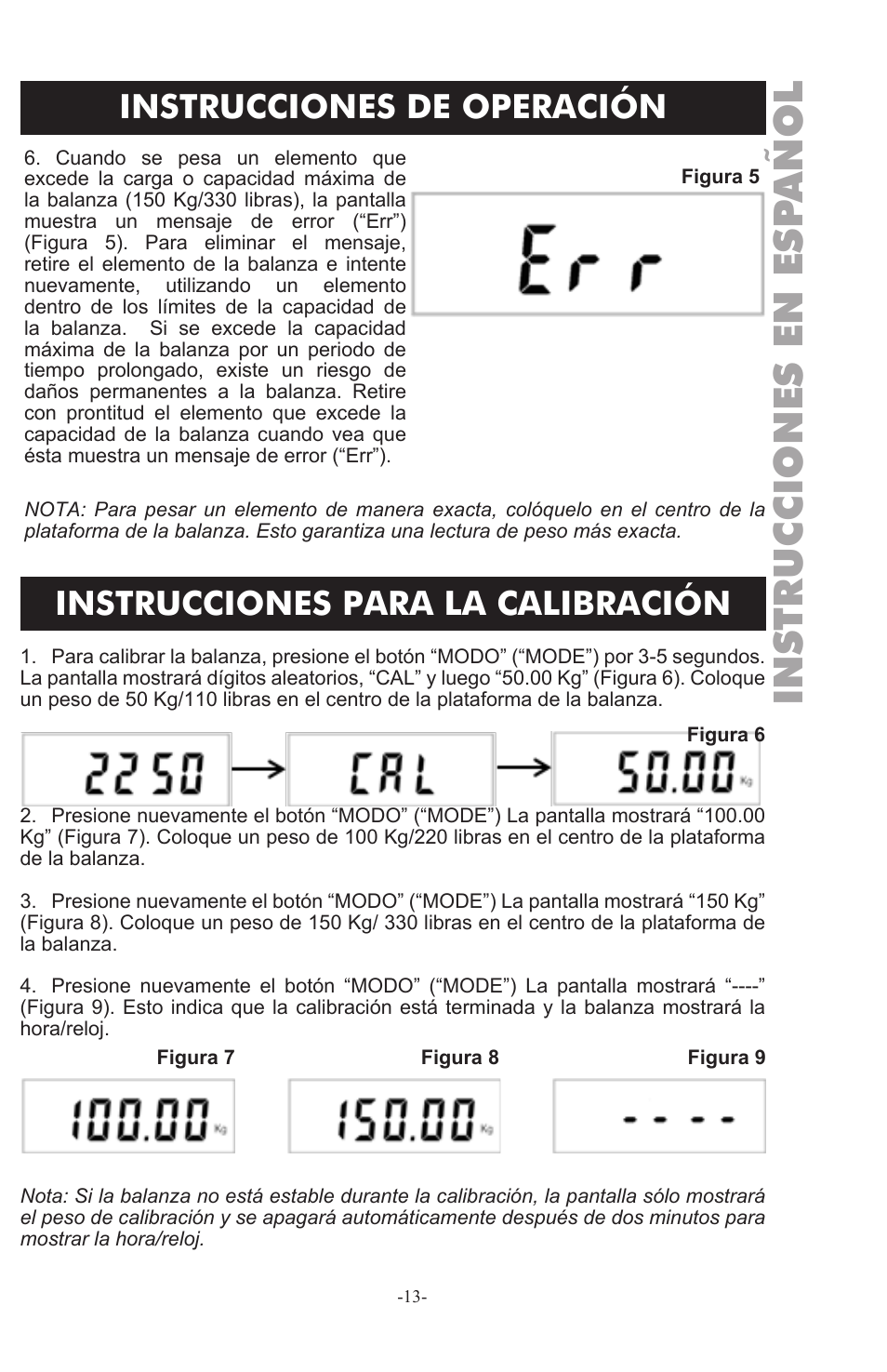 Instrucciones en esp añol, Instrucciones de operación, Instrucciones para la calibración | Weston 330 lb Digital Scale User Manual | Page 13 / 24