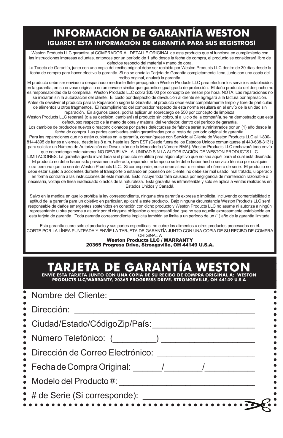 Tarjeta de garantía weston, Información de garantía weston | Weston 330 lb Digital Scale User Manual | Page 14 / 24
