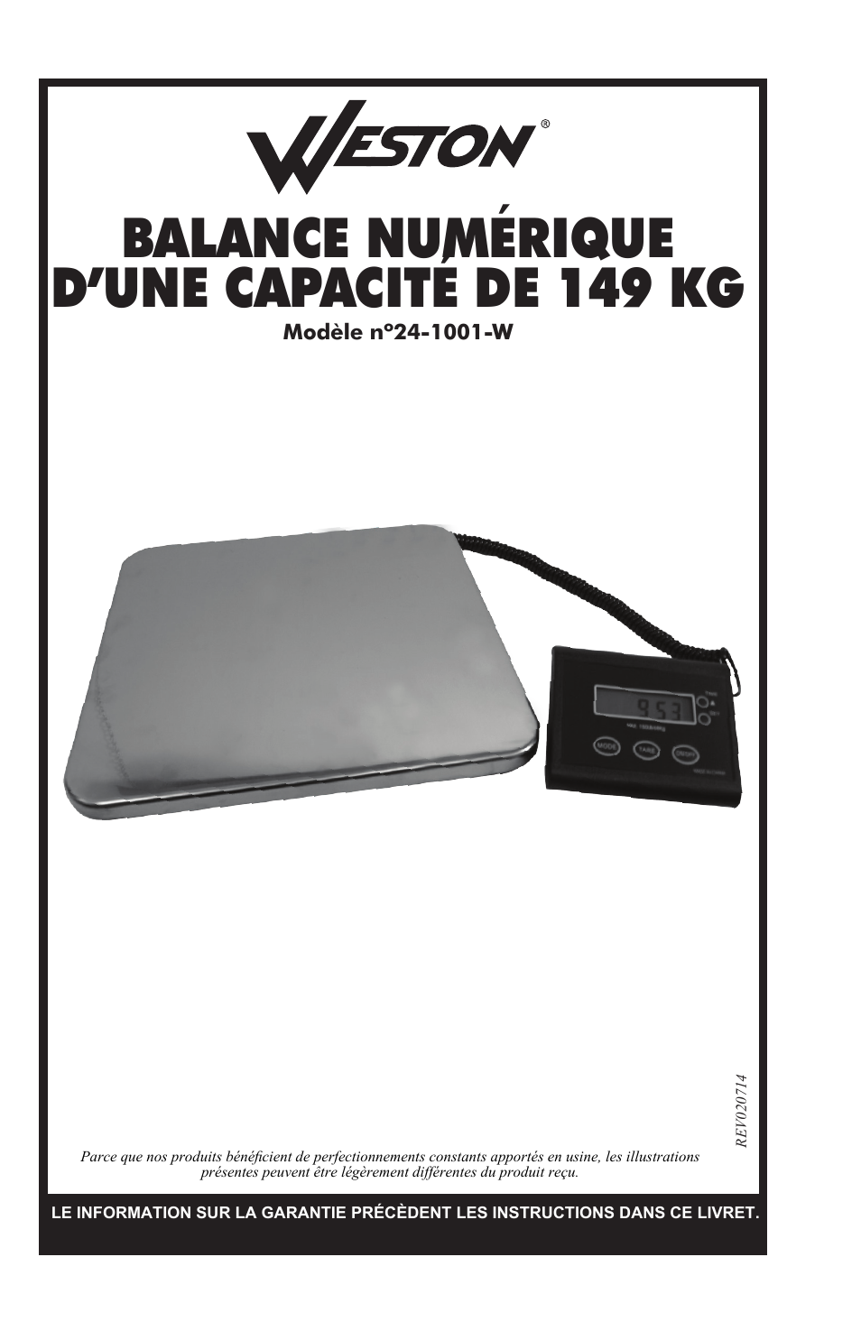 Balance numérique d’une capacité de 149 kg | Weston 330 lb Digital Scale User Manual | Page 15 / 24