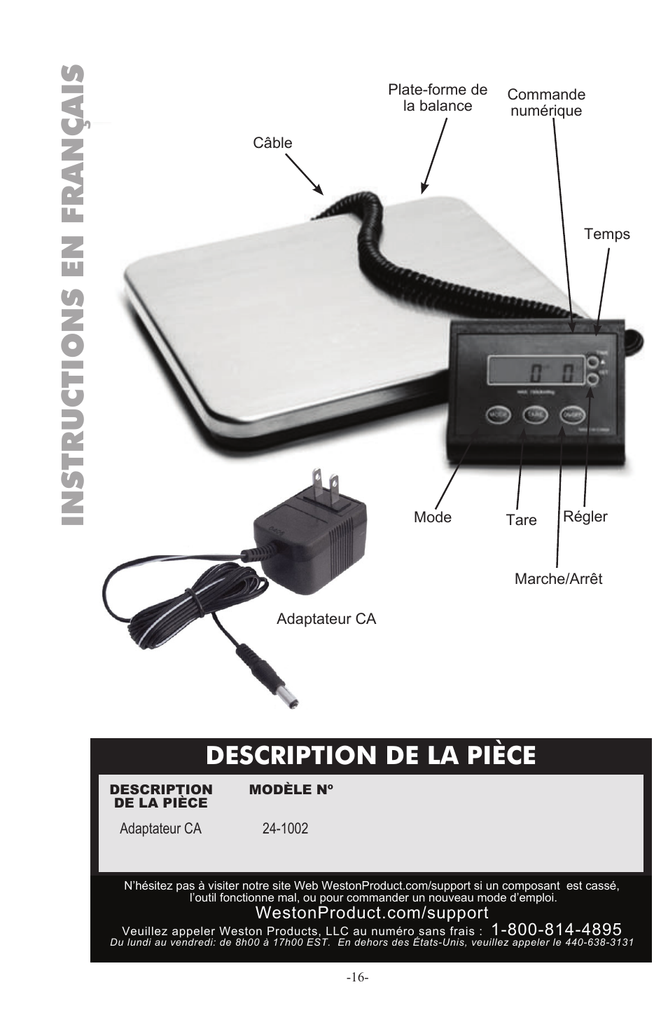 Instructions en français, Description de la pièce | Weston 330 lb Digital Scale User Manual | Page 16 / 24