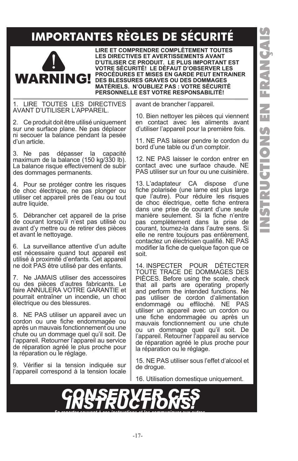 Conserver ces instructions, Instructions en français, Warning | Importantes règles de sécurité | Weston 330 lb Digital Scale User Manual | Page 17 / 24