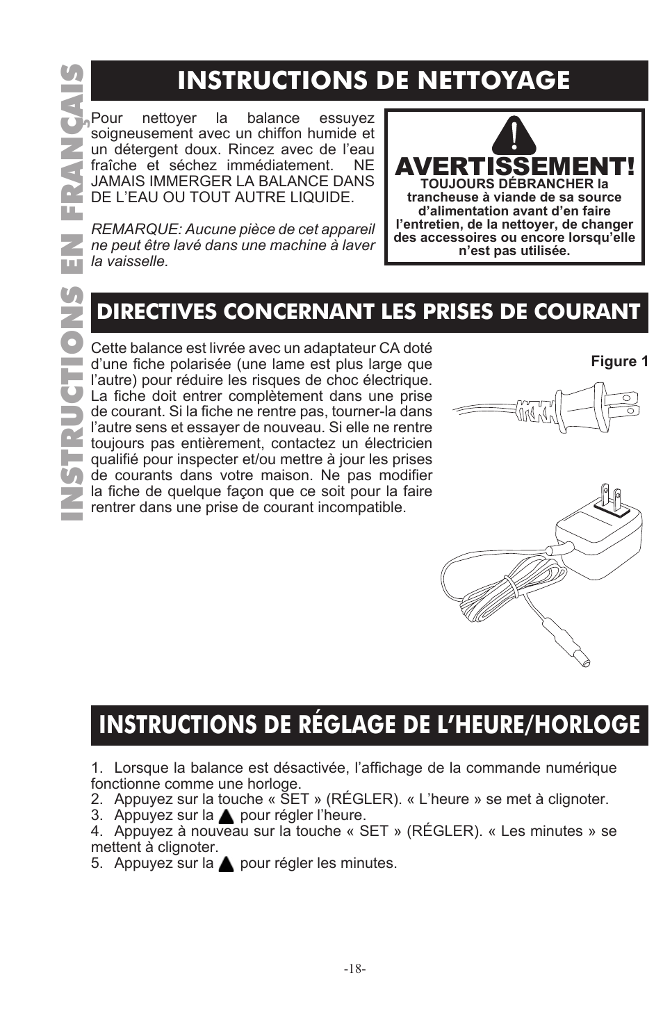 Instructions en français, Instructions de nettoyage, Avertissement | Instructions de réglage de l’heure/horloge, Directives concernant les prises de courant | Weston 330 lb Digital Scale User Manual | Page 18 / 24