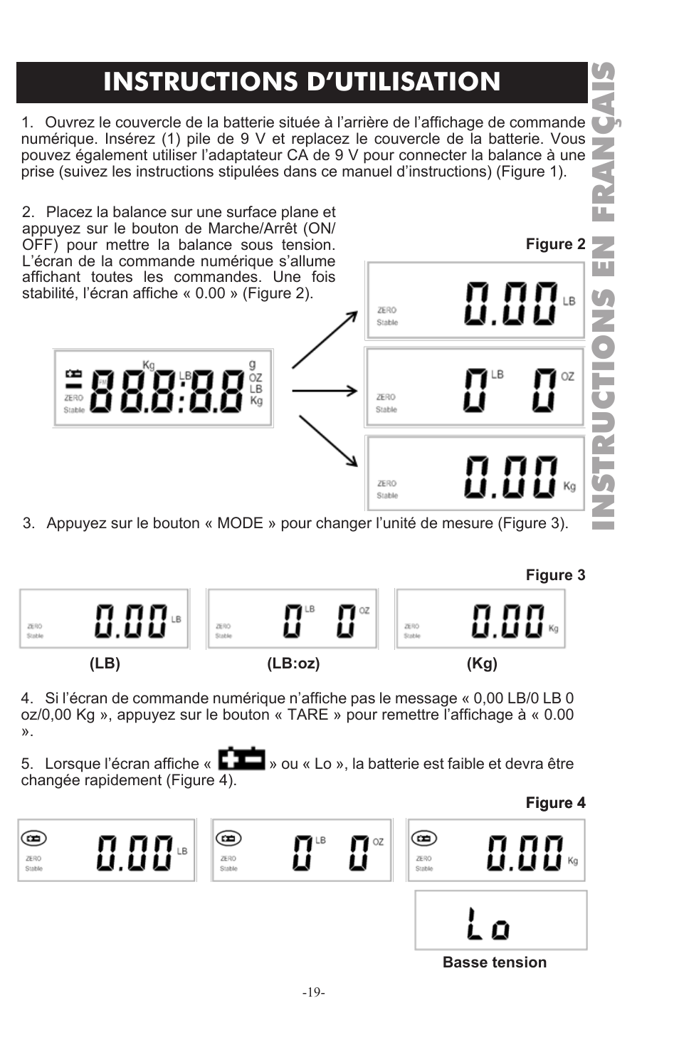 Instructions en français, Instructions d’utilisation | Weston 330 lb Digital Scale User Manual | Page 19 / 24