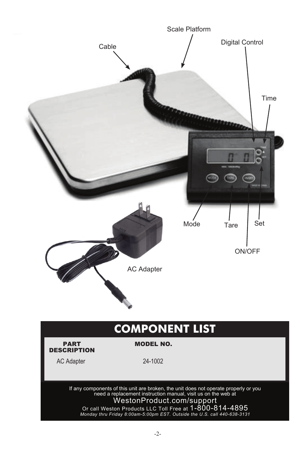 Component list | Weston 330 lb Digital Scale User Manual | Page 2 / 24