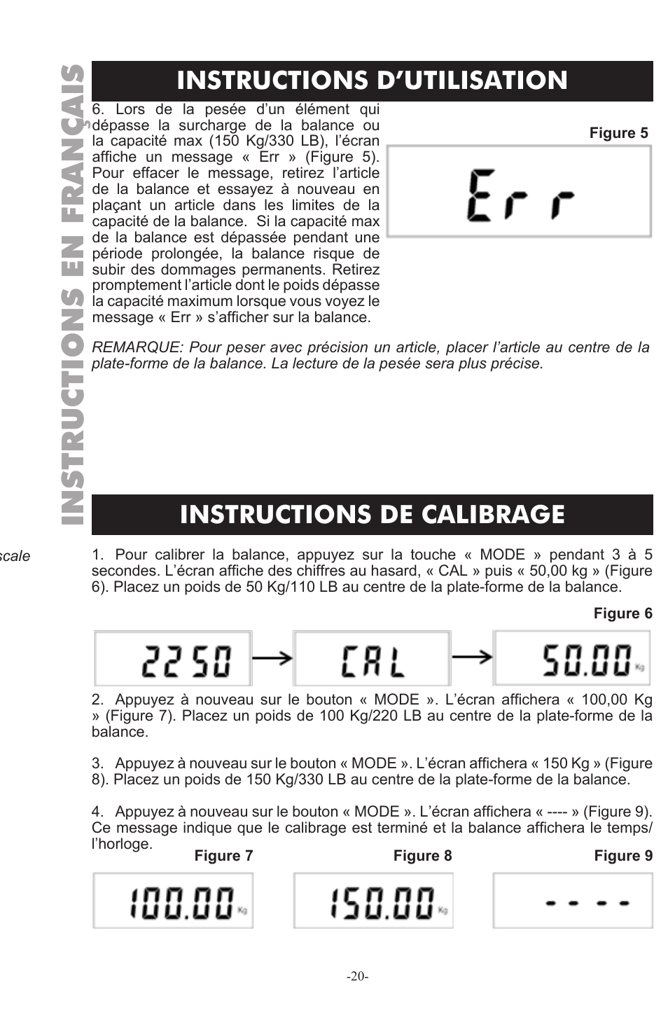 Instructions en français, Instructions d’utilisation, Instructions de calibrage | Weston 330 lb Digital Scale User Manual | Page 20 / 24