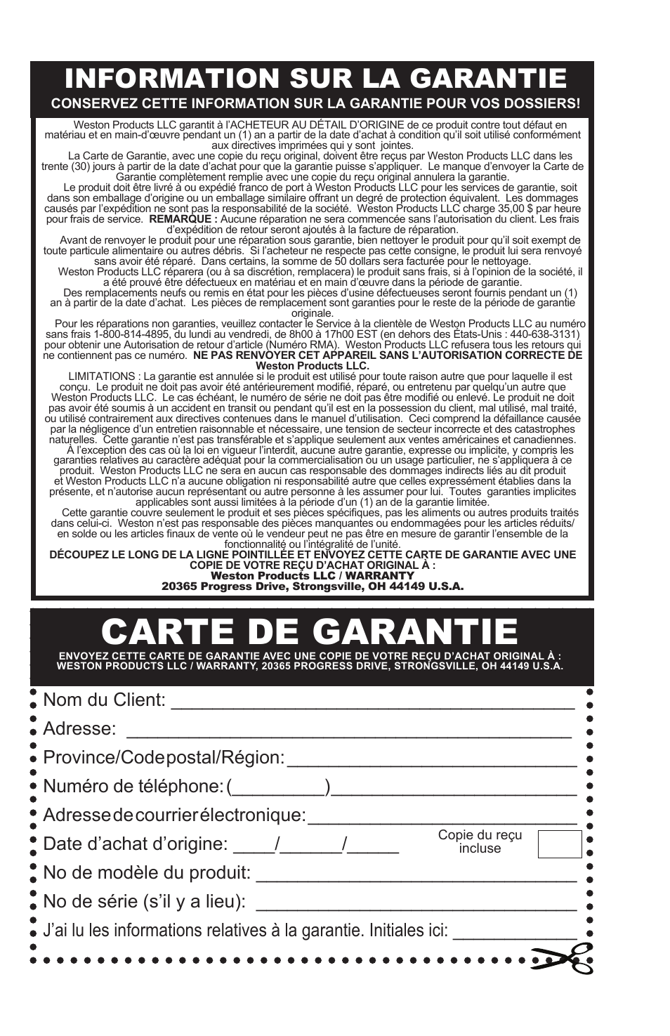 Carte de garantie, Information sur la garantie | Weston 330 lb Digital Scale User Manual | Page 21 / 24