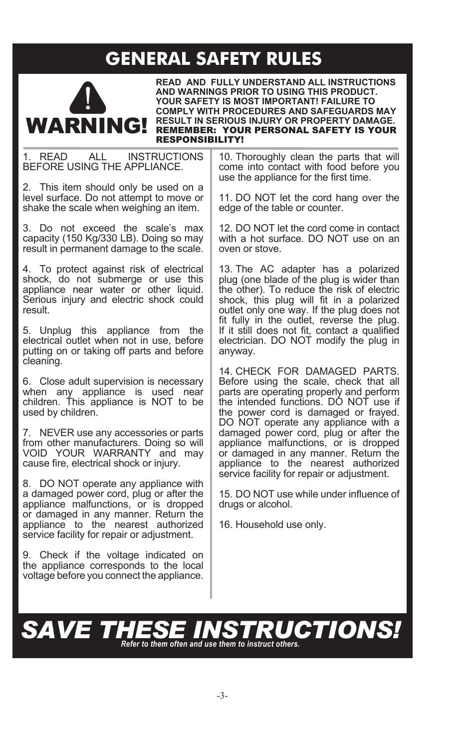 Save these instructions, Warning, General safety rules | Weston 330 lb Digital Scale User Manual | Page 3 / 24