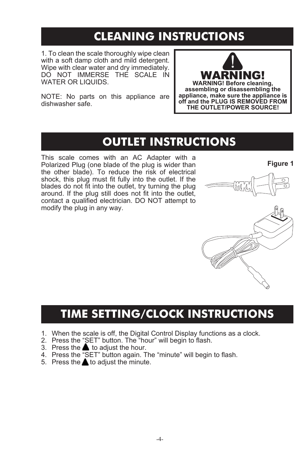 Cleaning instructions, Outlet instructions, Warning | Time setting/clock instructions | Weston 330 lb Digital Scale User Manual | Page 4 / 24