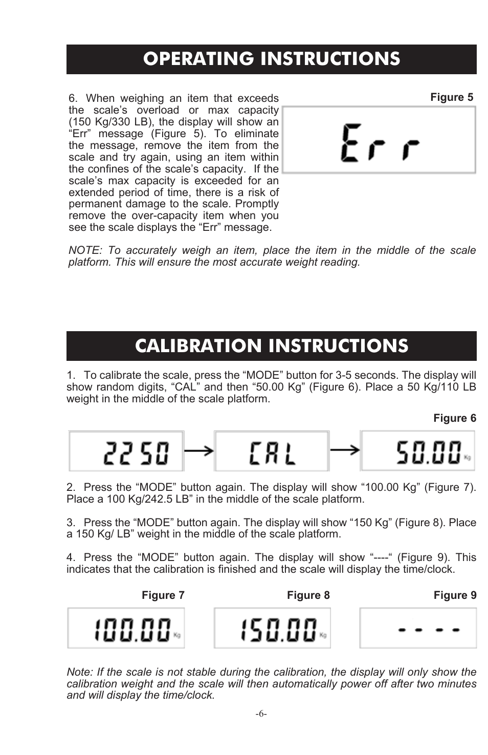 Operating instructions, Calibration instructions | Weston 330 lb Digital Scale User Manual | Page 6 / 24