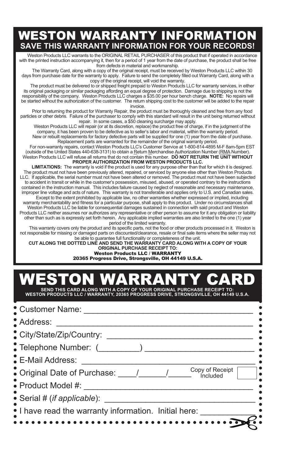 Weston warranty card, Weston warranty information, Save this warranty information for your records | Weston 330 lb Digital Scale User Manual | Page 7 / 24