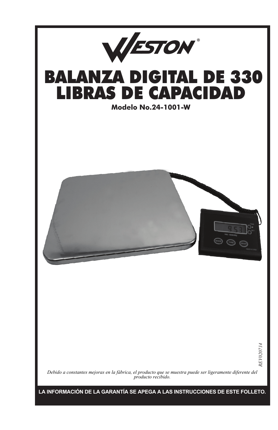 Balanza digital de 330 libras de capacidad | Weston 330 lb Digital Scale User Manual | Page 8 / 24