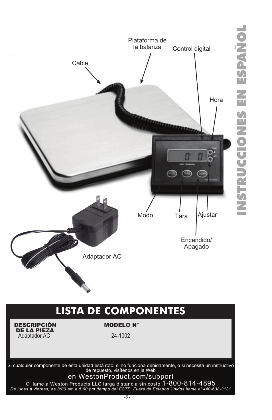 Instrucciones en esp añol, Lista de componentes | Weston 330 lb Digital Scale User Manual | Page 9 / 24