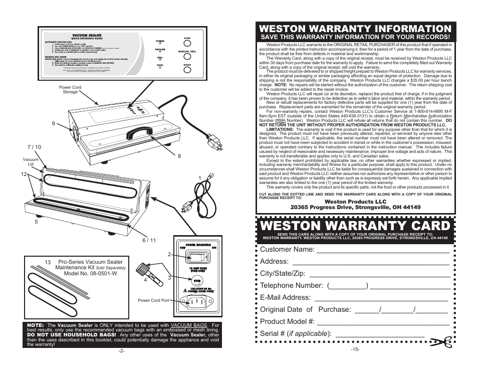 Weston warranty card, Weston warranty information, Stop manua l seal start power vacuu m seal cool | Weston Pro 2300 Vacuum Sealers User Manual | Page 2 / 8