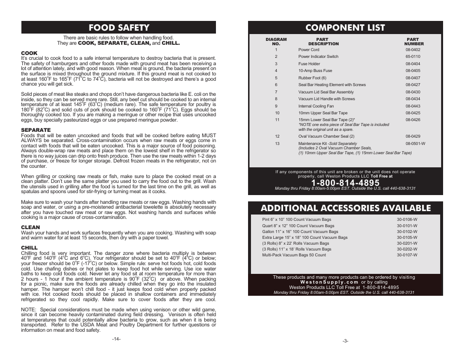 Component list, Food safety, Additional accessories available | Weston Pro 2300 Vacuum Sealers User Manual | Page 3 / 8