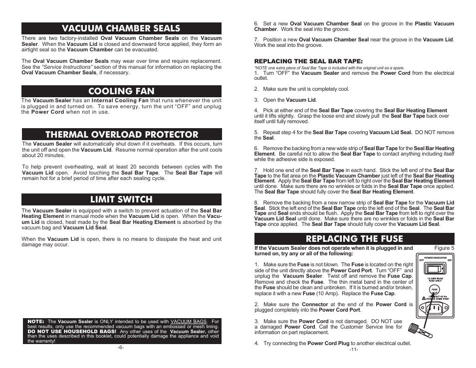 Vacuum chamber seals, Cooling fan, Thermal overload protector | Limit switch, Replacing the fuse | Weston Pro 2300 Vacuum Sealers User Manual | Page 6 / 8