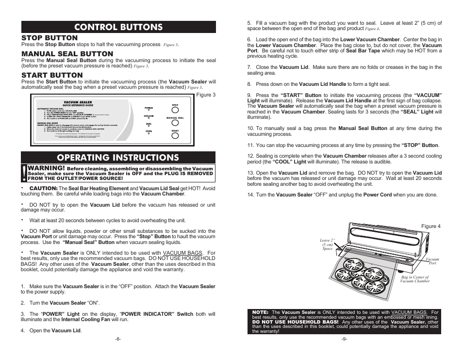 Operating instructions, Control buttons, Stop button | Manual seal button, Start button | Weston Pro 2300 Vacuum Sealers User Manual | Page 8 / 8