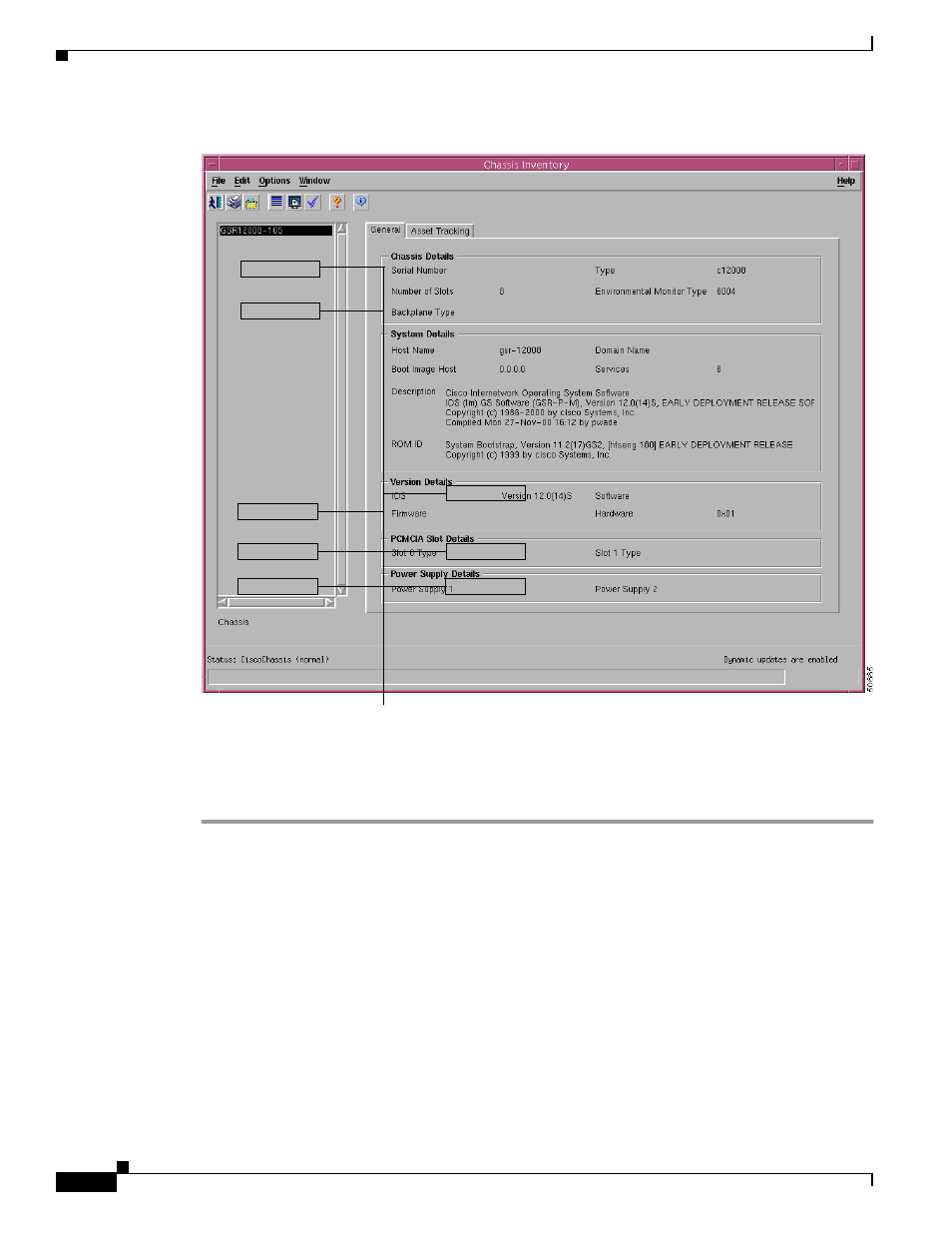 Chassis inventory window—detailed description, General tab | Cisco 12000/10700 V3.1.1 User Manual | Page 132 / 602