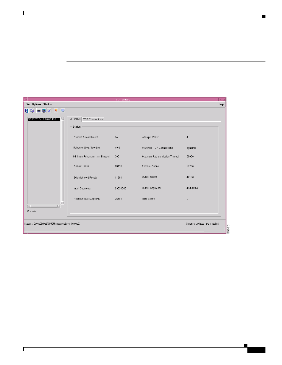 Viewing the tcp status window | Cisco 12000/10700 V3.1.1 User Manual | Page 159 / 602