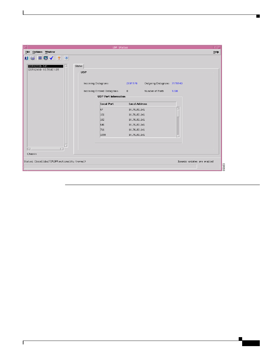 Udp status window—detailed description, Status | Cisco 12000/10700 V3.1.1 User Manual | Page 163 / 602