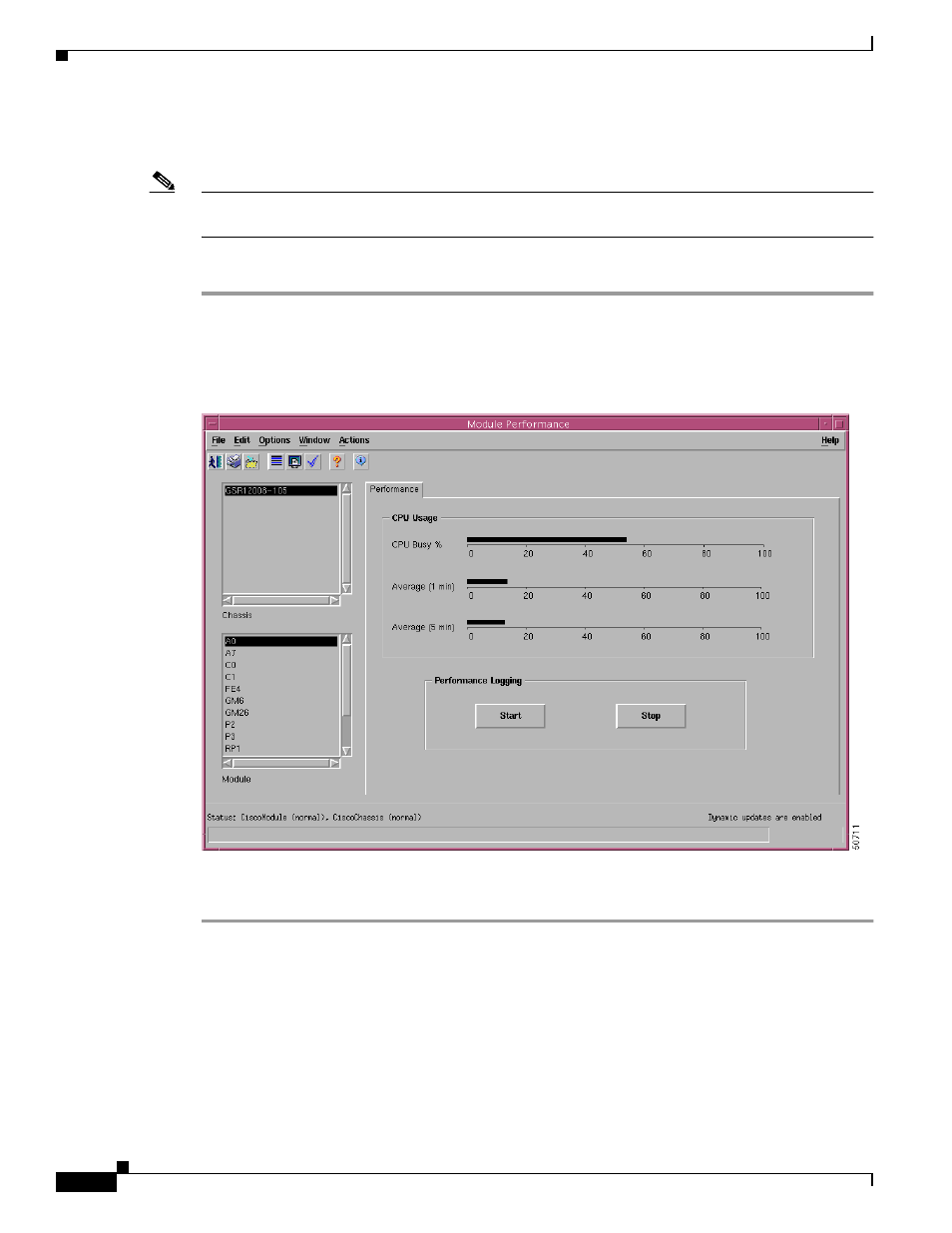 Viewing the module performance window, Starting or stopping performance logging | Cisco 12000/10700 V3.1.1 User Manual | Page 174 / 602