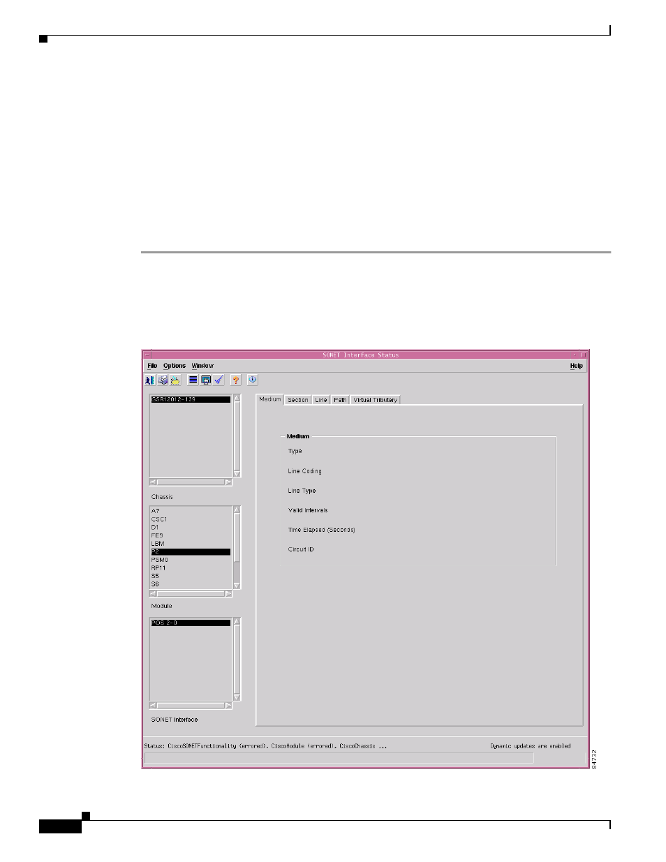Sonet interface status, Viewing the sonet interface status window | Cisco 12000/10700 V3.1.1 User Manual | Page 242 / 602