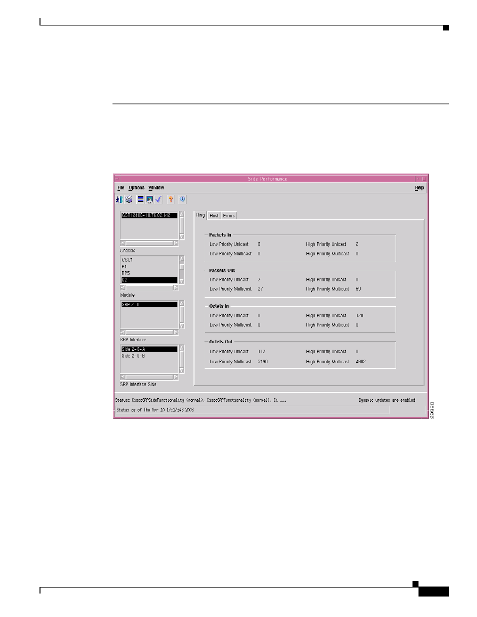 Viewing the srp side performance window | Cisco 12000/10700 V3.1.1 User Manual | Page 281 / 602
