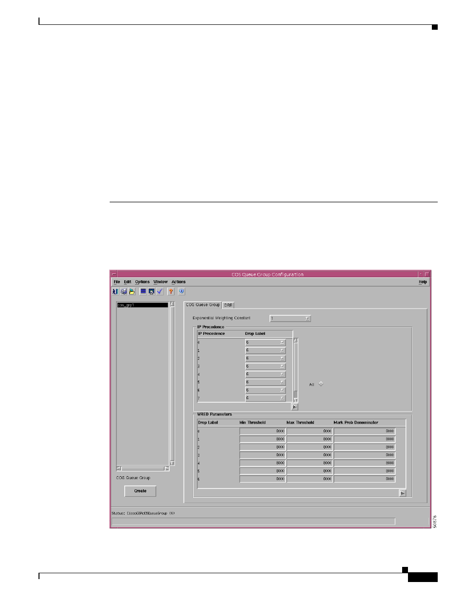 Cos queue group configuration, Creating a cos queue group under wred | Cisco 12000/10700 V3.1.1 User Manual | Page 309 / 602
