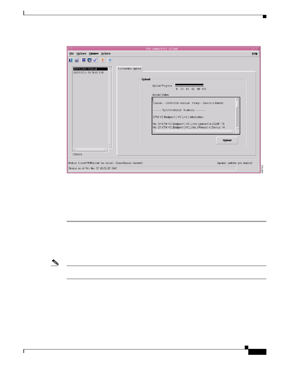 Atm connection upload window—detailed description, Connection upload tab | Cisco 12000/10700 V3.1.1 User Manual | Page 335 / 602