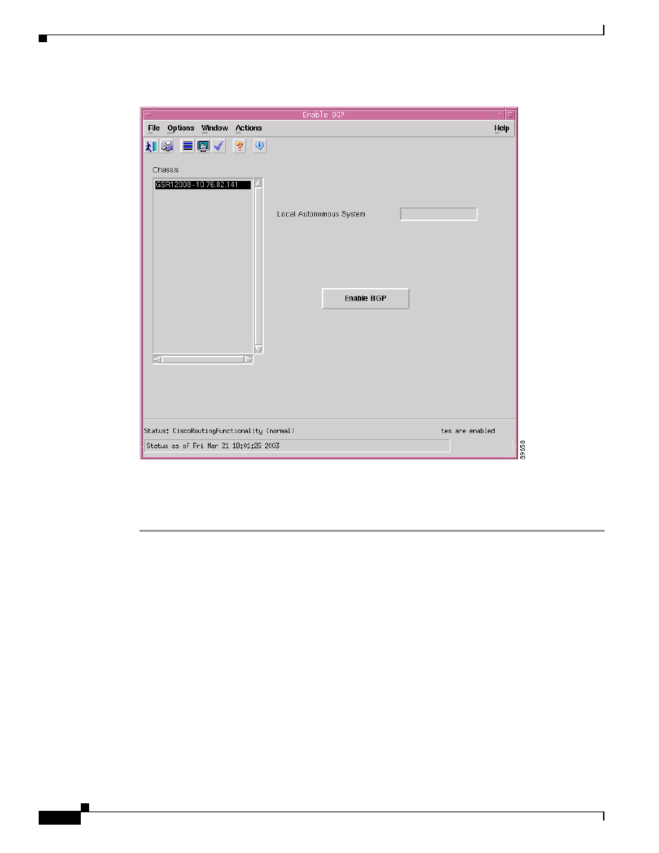 Enable bgp window—detailed description, Action | Cisco 12000/10700 V3.1.1 User Manual | Page 396 / 602