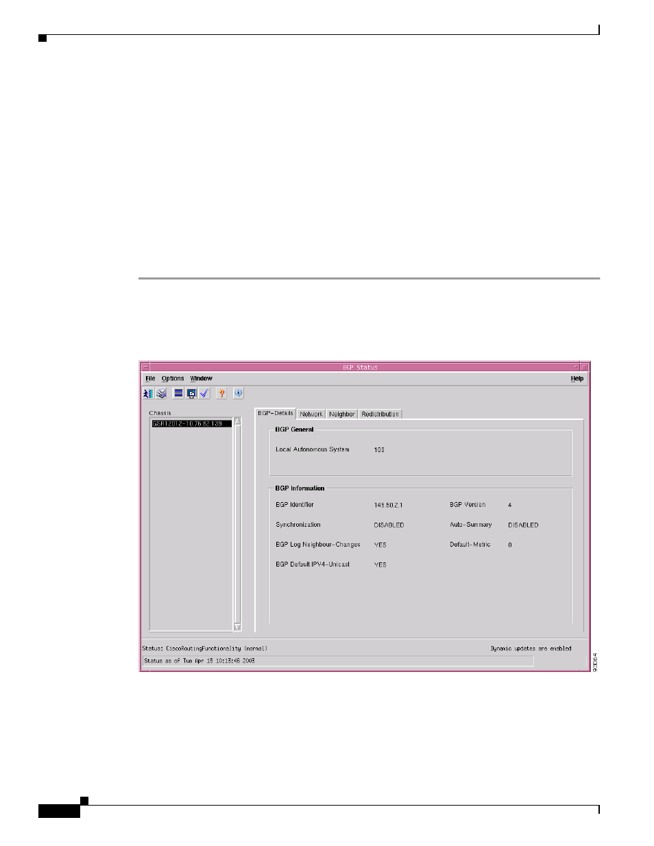 Bgp status, Viewing the bgp status window | Cisco 12000/10700 V3.1.1 User Manual | Page 408 / 602
