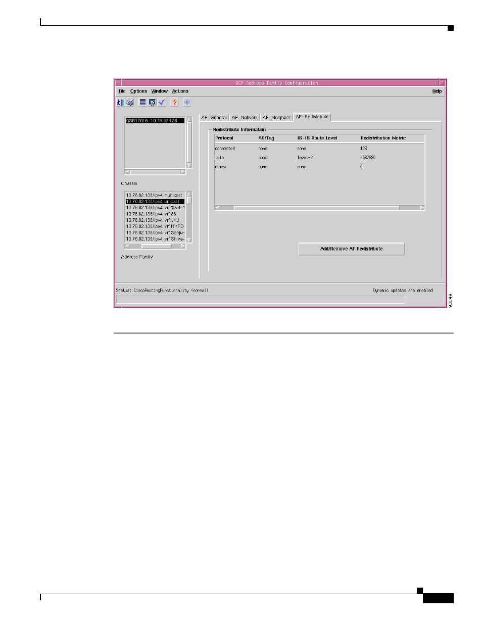 Af-redistribute tab—detailed description, Redistribute information | Cisco 12000/10700 V3.1.1 User Manual | Page 429 / 602