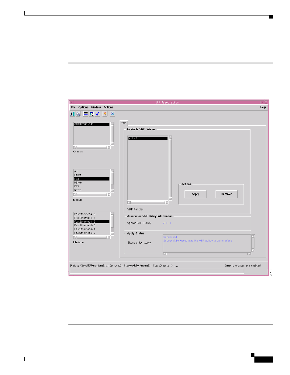 Associating vrf policies, Vrf association, Window | Cisco 12000/10700 V3.1.1 User Manual | Page 515 / 602