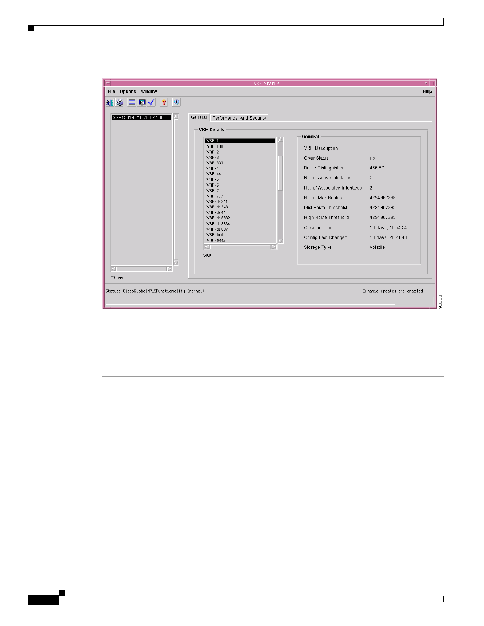 Vrf status window—detailed description, General tab, Vrf status | Window | Cisco 12000/10700 V3.1.1 User Manual | Page 518 / 602