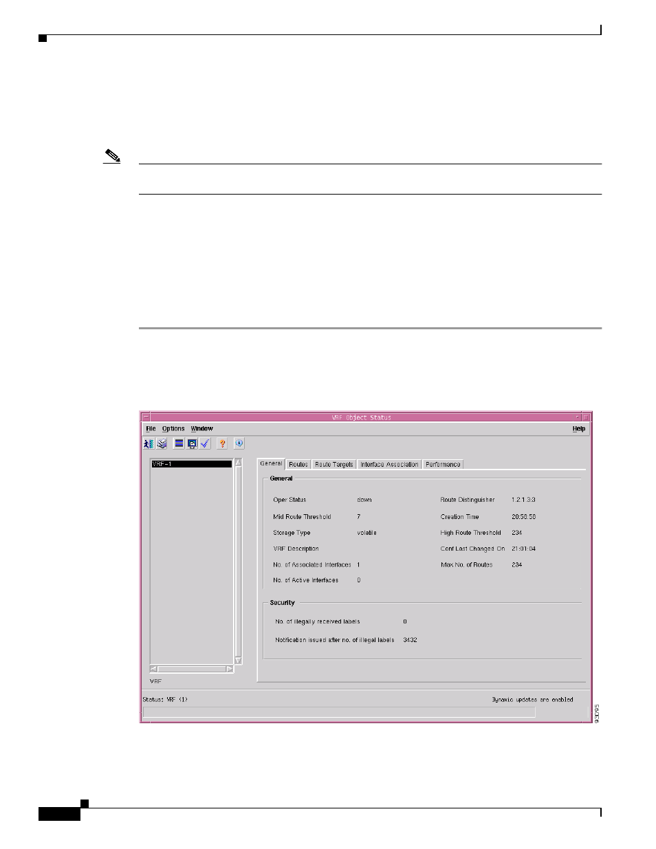Vrf object status, Viewing the vrf object status window, Vrf object | Status window, Figure 16-18 | Cisco 12000/10700 V3.1.1 User Manual | Page 528 / 602