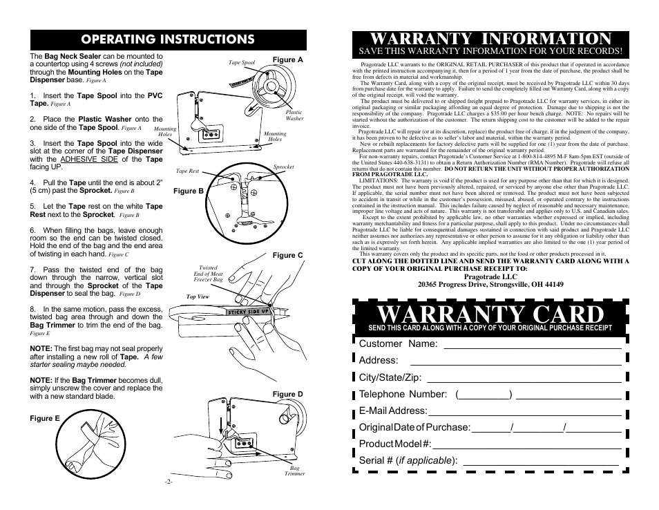 Warranty card, Warranty information, Operating instructions | Save this warranty information for your records | Weston Heavy-Duty Bag Neck Sealer User Manual | Page 2 / 2