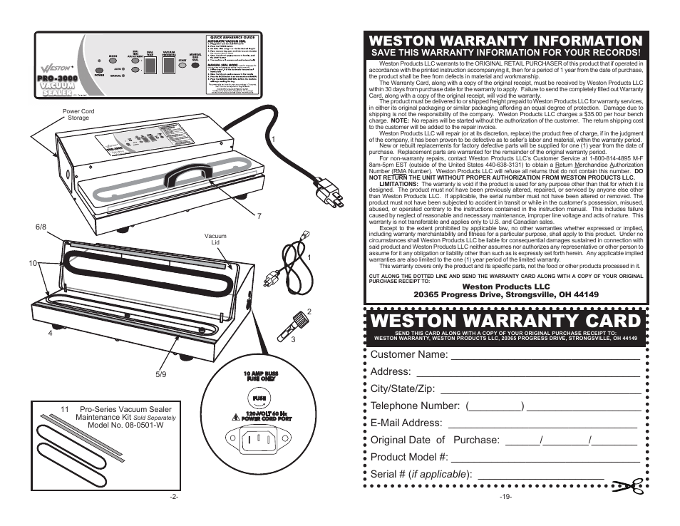 Weston warranty card, Weston warranty information | Weston Pro 3000 Vacuum Sealer User Manual | Page 2 / 10