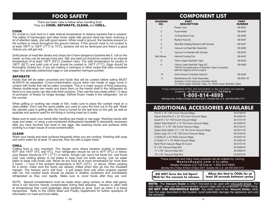 Component list, Food safety, Additional accessories available | Weston Pro 3000 Vacuum Sealer User Manual | Page 3 / 10