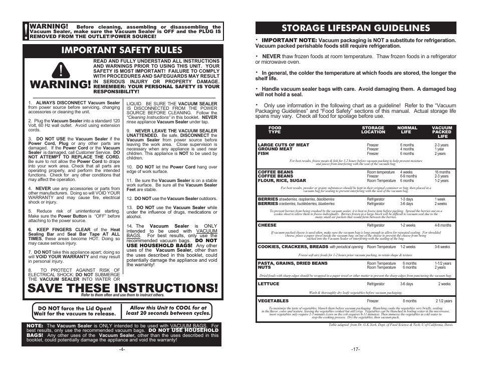Save these instructions, Warning, Important safety rules | Storage lifespan guidelines | Weston Pro 3000 Vacuum Sealer User Manual | Page 4 / 10