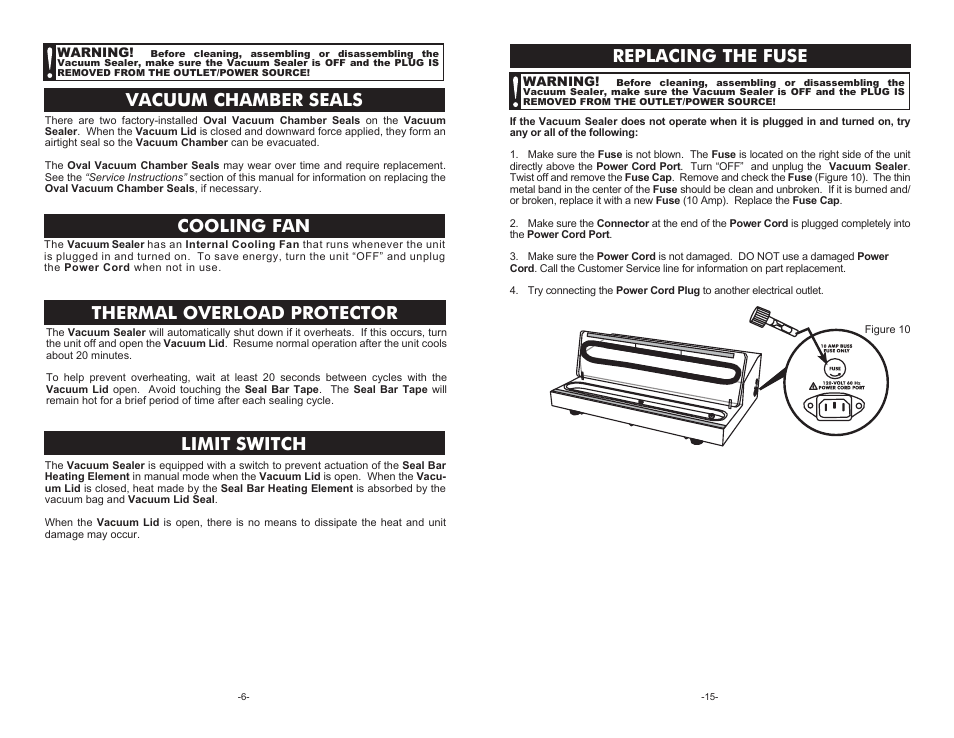 Vacuum chamber seals, Cooling fan, Thermal overload protector | Limit switch, Replacing the fuse | Weston Pro 3000 Vacuum Sealer User Manual | Page 6 / 10