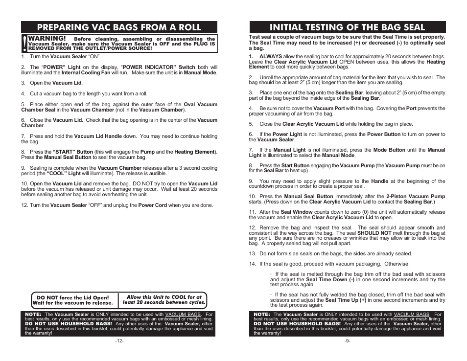Initial testing of the bag seal, Preparing vac bags from a roll | Weston Pro 3000 Vacuum Sealer User Manual | Page 9 / 10