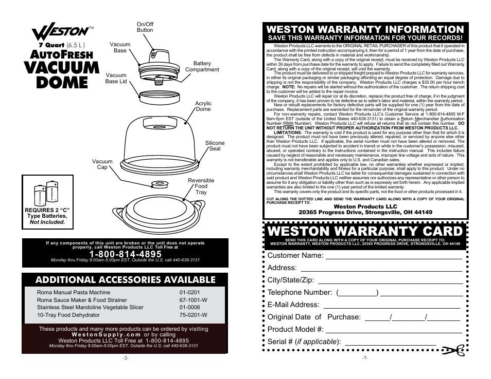 Vacuum dome, Weston warranty card, Weston warranty information | Additional accessories available, Resh | Weston AutoFresh Vacuum Dome User Manual | Page 2 / 4