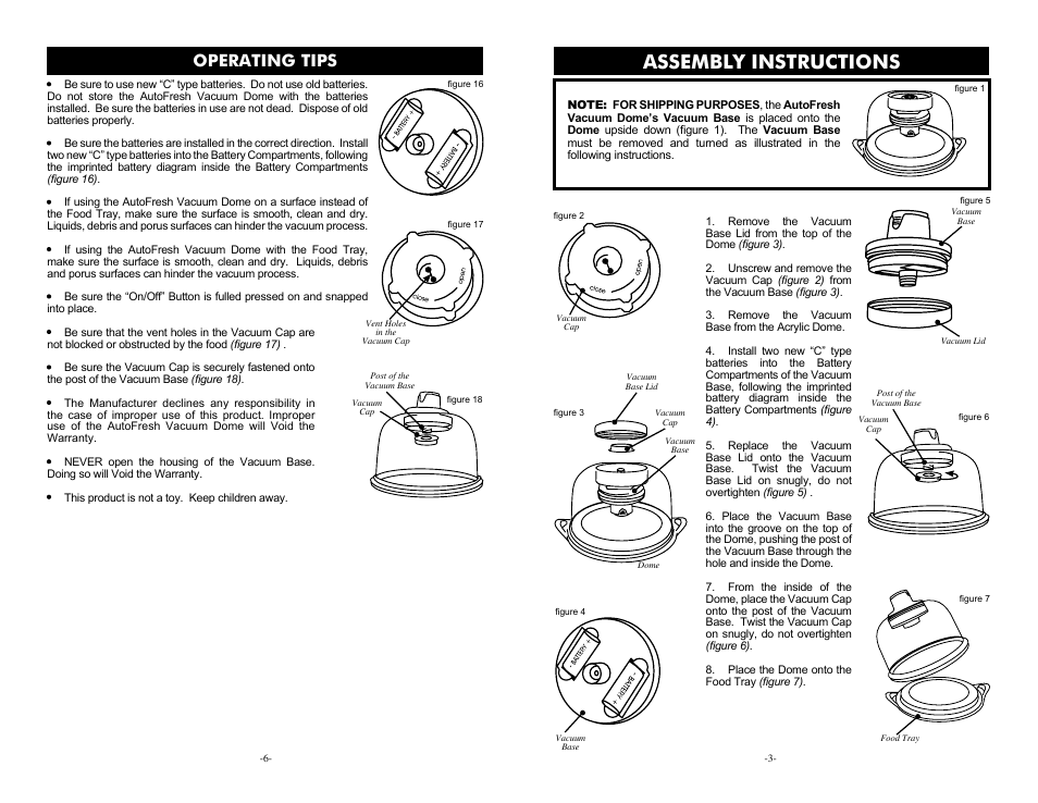 Assembly instructions, Operating tips | Weston AutoFresh Vacuum Dome User Manual | Page 3 / 4