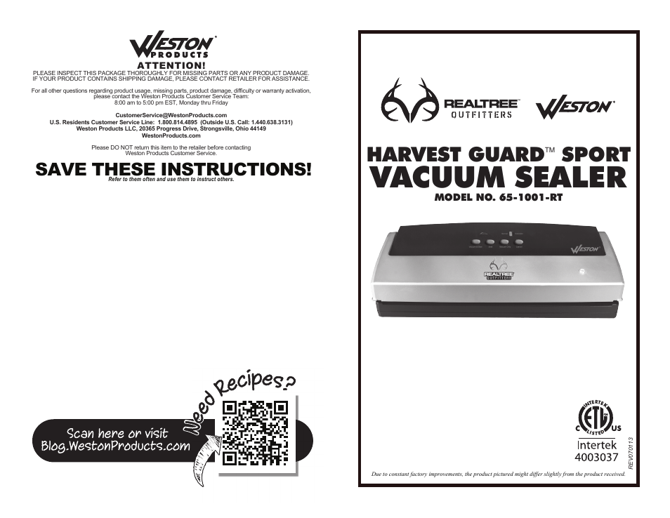 Weston Realtre Harvest Guar Sport Sealer User Manual | 10 pages