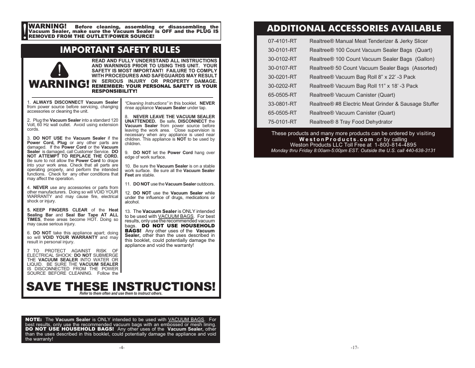 Save these instructions, Warning, Important safety rules | Additional accessories available | Weston Realtre Harvest Guar Sport Sealer User Manual | Page 4 / 10