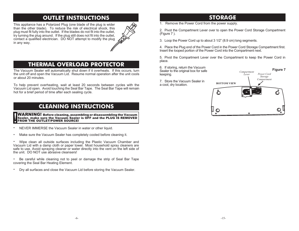 Cleaning instructions, Thermal overload protector, Outlet instructions | Storage | Weston Realtre Harvest Guar Sport Sealer User Manual | Page 6 / 10