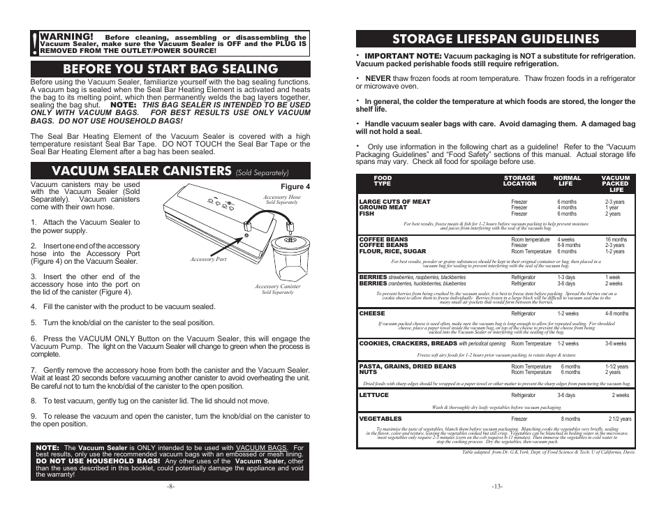 Before you start bag sealing, Vacuum sealer canisters, Storage lifespan guidelines | Warning | Weston Realtre Harvest Guar Sport Sealer User Manual | Page 8 / 10