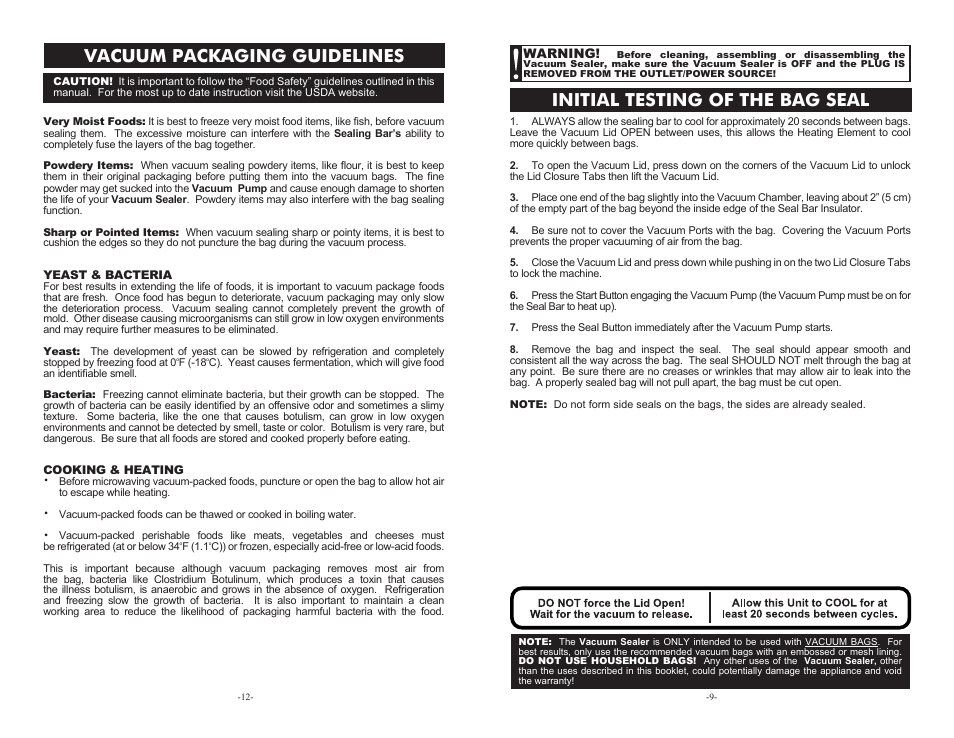 Initial testing of the bag seal, Vacuum packaging guidelines | Weston Realtre Harvest Guar Sport Sealer User Manual | Page 9 / 10